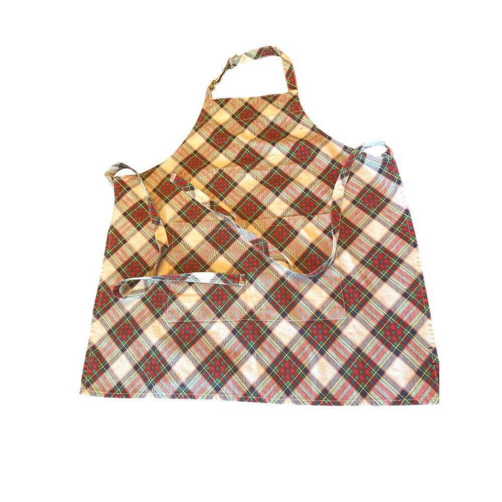 Talbots Adjustable Apron Red Green Plaid 100% Cotton‎ Kitchen Cooking Baking